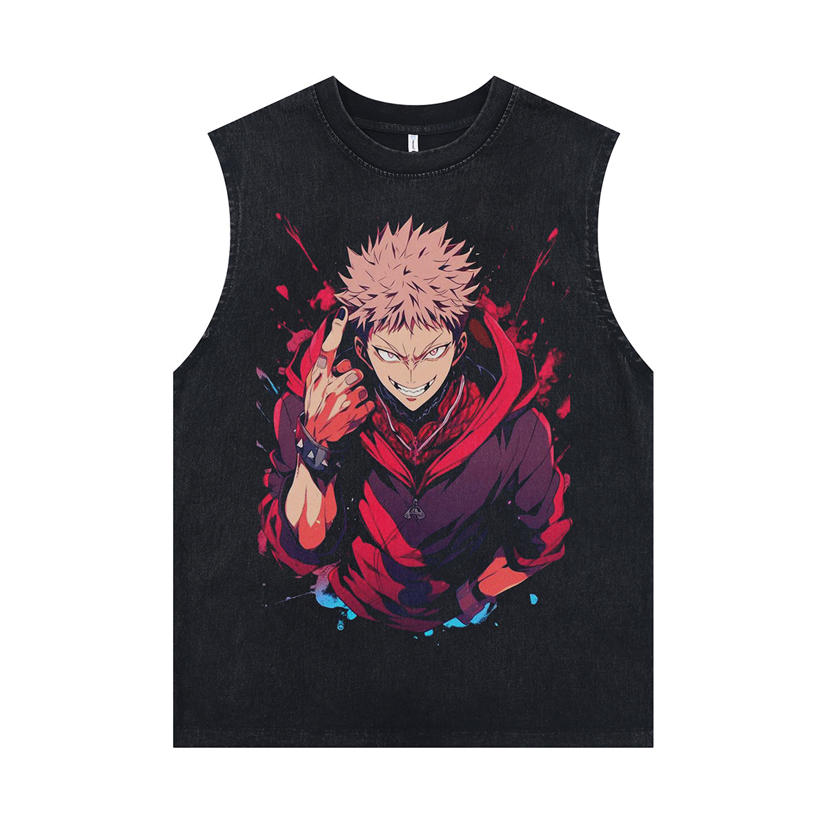 Anime boy hero sleeveless t-shirt vintage Japanese vest retro cartoon tank top in acid wash black