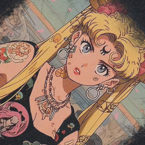 Sailor Moon sleeveless t-shirt vintage anime vest retro cartoon tank top in acid wash black