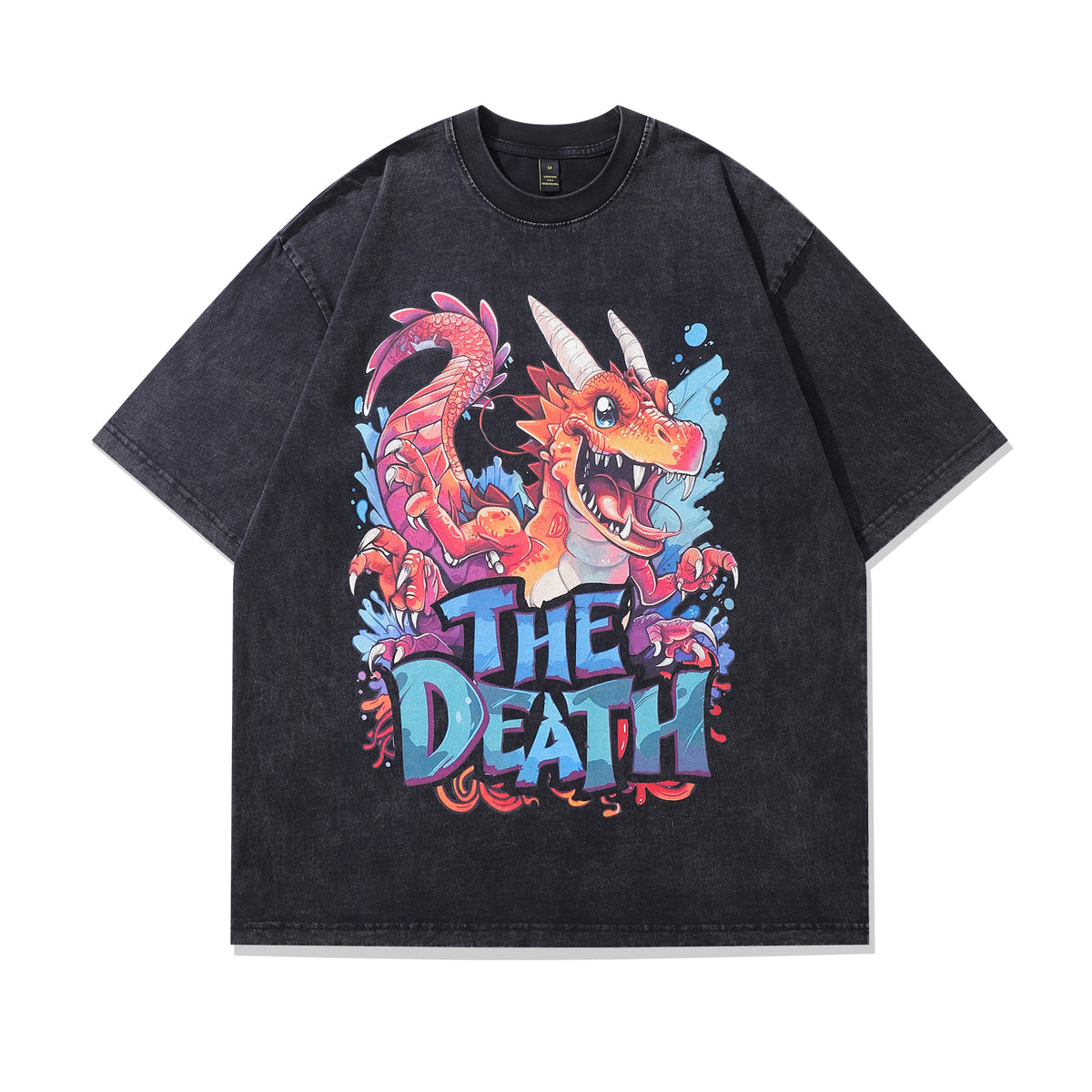 Dragon cartoon t-shirt death slogan tee retro monster top in vintage grey