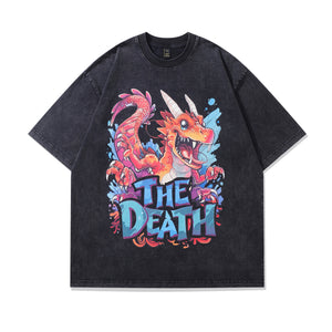 Dragon cartoon t-shirt death slogan tee retro monster top in vintage grey