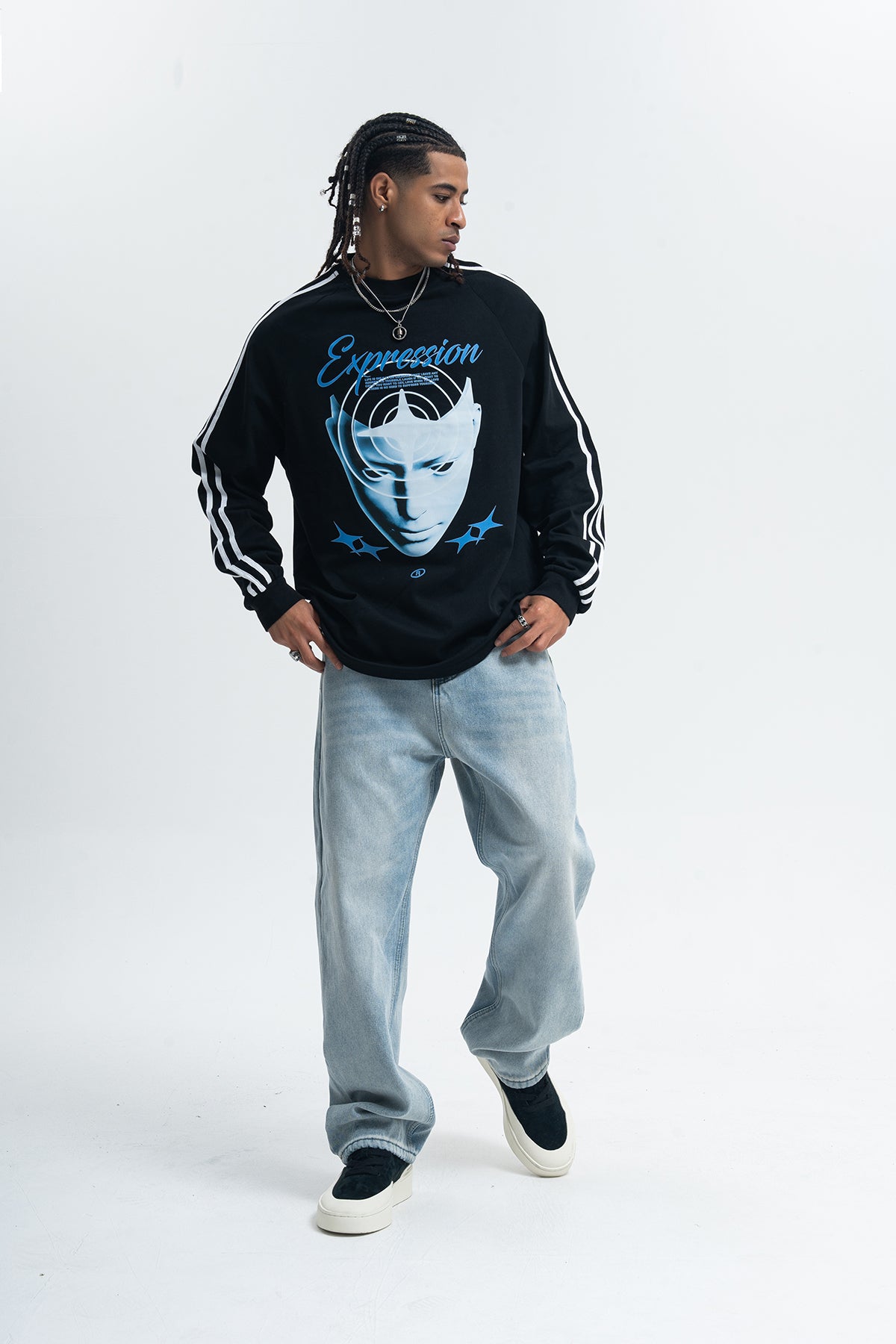 Psychedelic jumper long sleeve cybepunk top alien print t-shirt grunge striped pullover in black