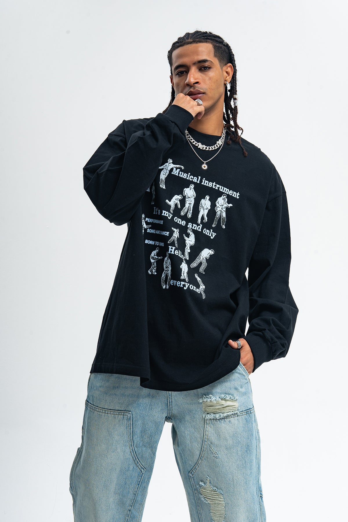 Retro poster jumper musician print long sleeve top 70s grunge t-shirt in brown