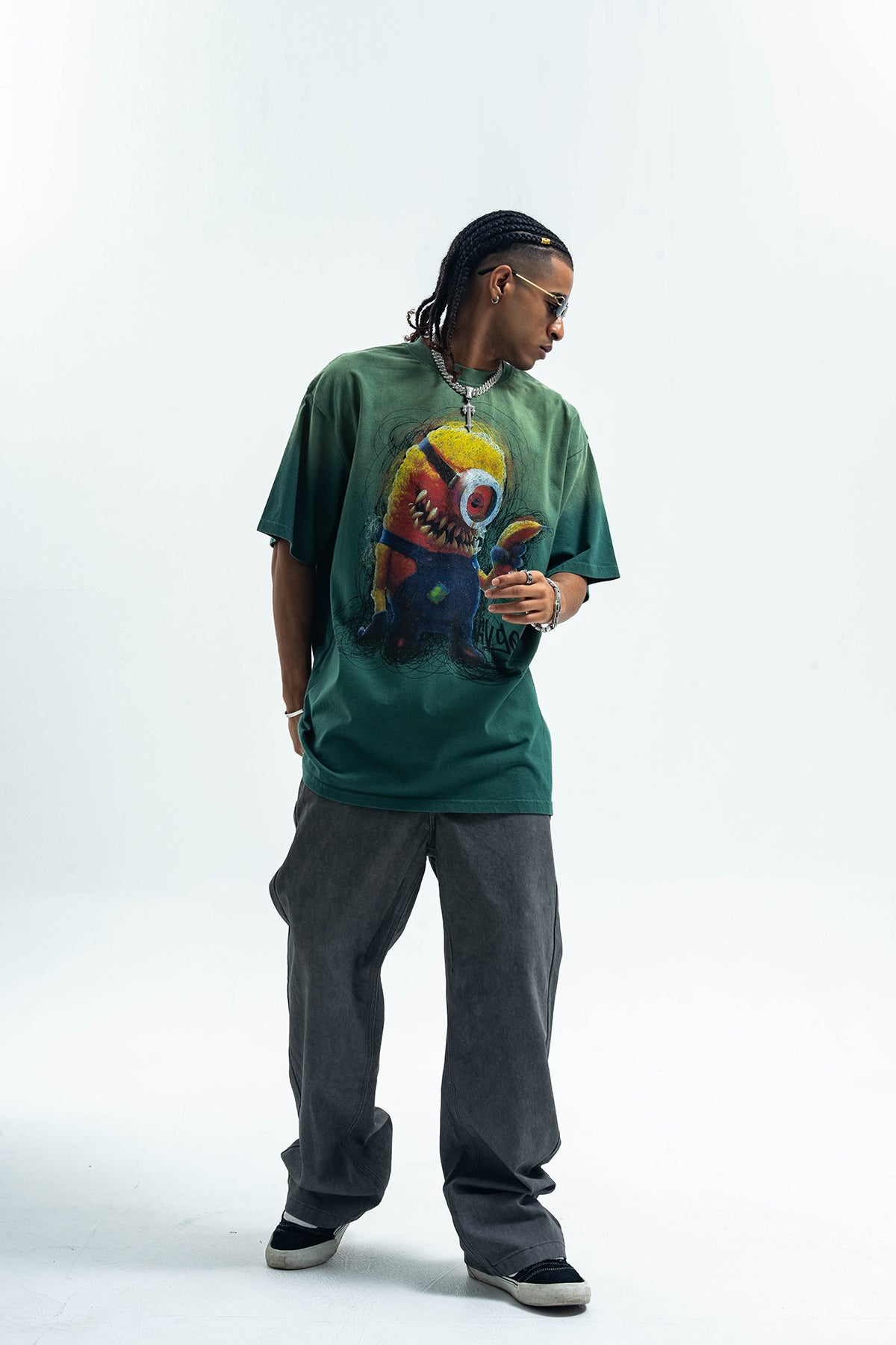 Horror cartoon t-shirt creepy anime top grunge retro tee in Green