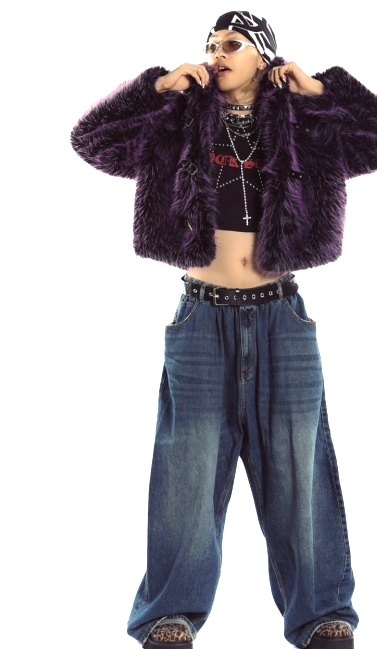 Neon faux fur hooded jacket purple cropped luminous bomber fuzzy rave coat burning man pullover