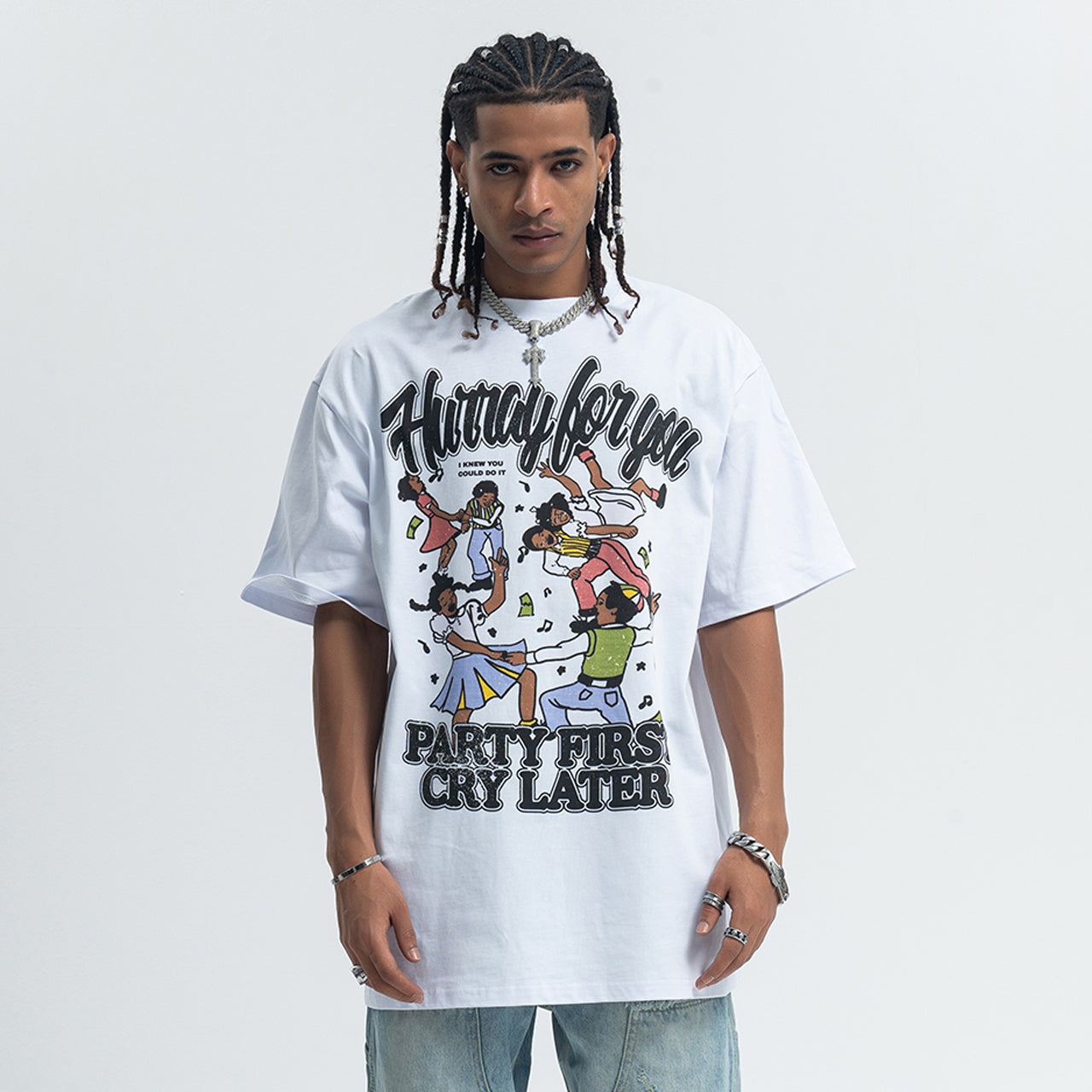 Party slogan t-shirt retro cartoon top 90s tee in white