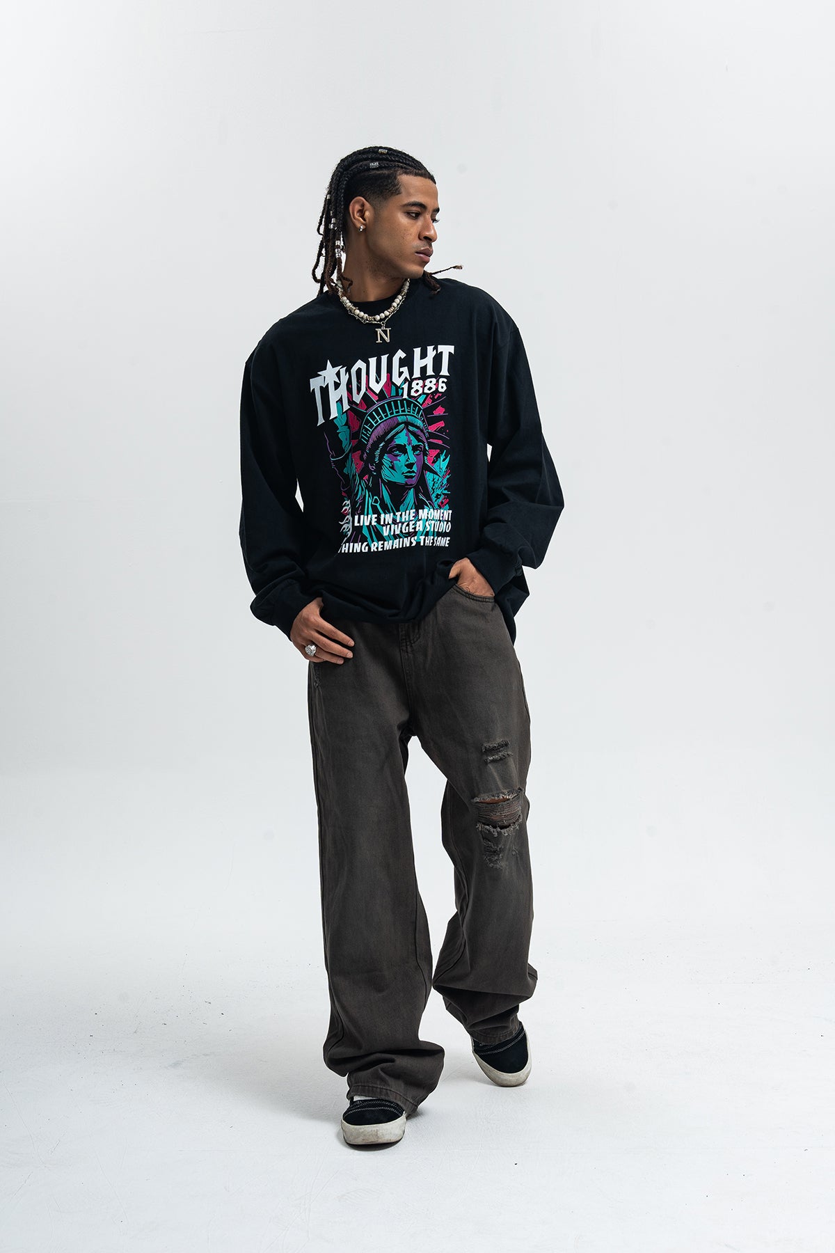 Statue of Liberty jumper creepy American top long sleeve USA t-shirt in brown