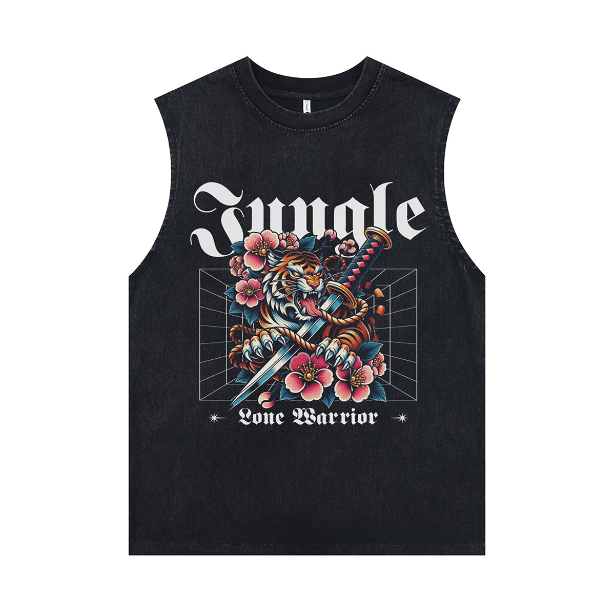 Jungle slogan sleeveless t-shirt Bengal tiger surfer vest retro Japanese poster tank top in acid wash black