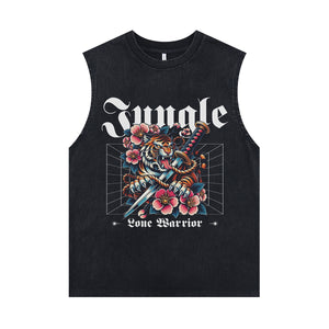 Jungle slogan sleeveless t-shirt Bengal tiger surfer vest retro Japanese poster tank top in acid wash black