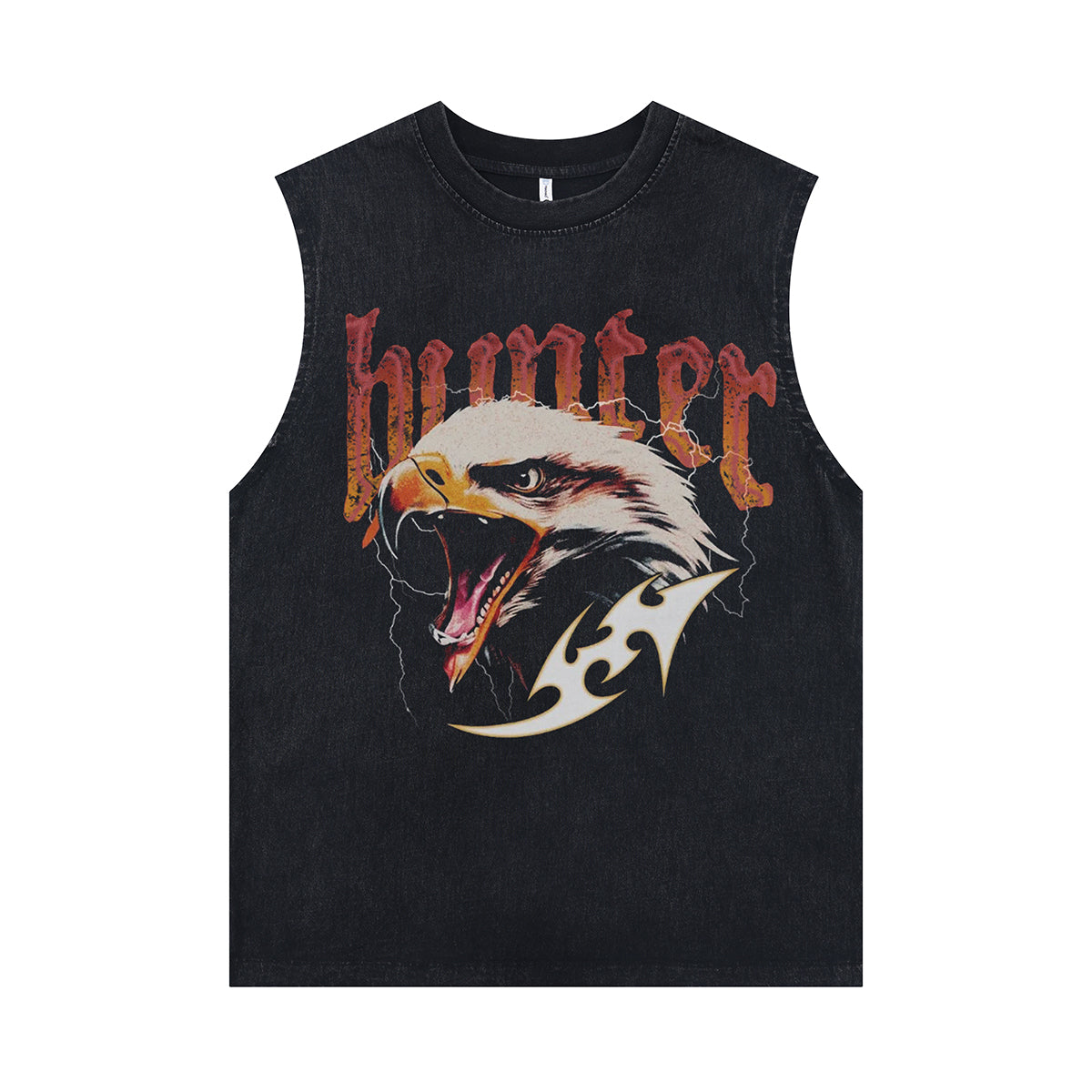 Eagle print vintage sleeveless t-shirt hunter slogan surfer vest retro metalcore tank top in acid wash black