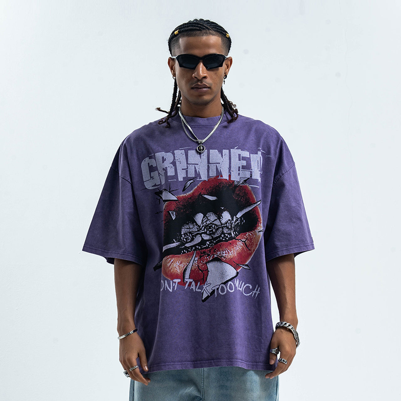 Grillz t-shirt mouth print top grunge hip-hop tee rapper jumper in purple