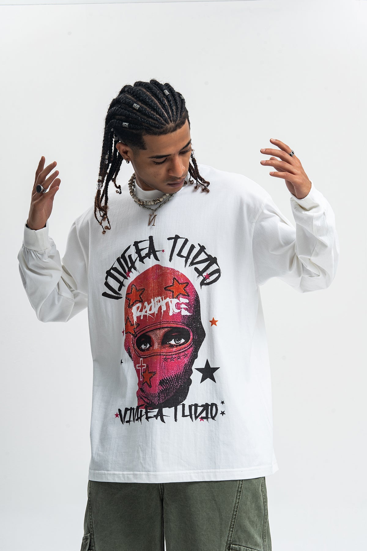 Balaclava print long sleeve top ganster t-shirt hip-hop jumper in white