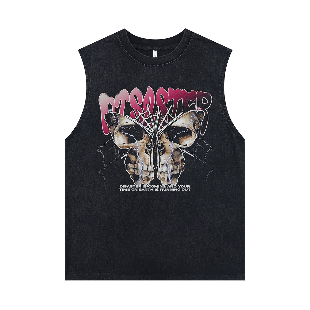 Skull print vintage sleeveless t-shirt disaster slogan surfer vest retro metalcore tank top in acid wash black