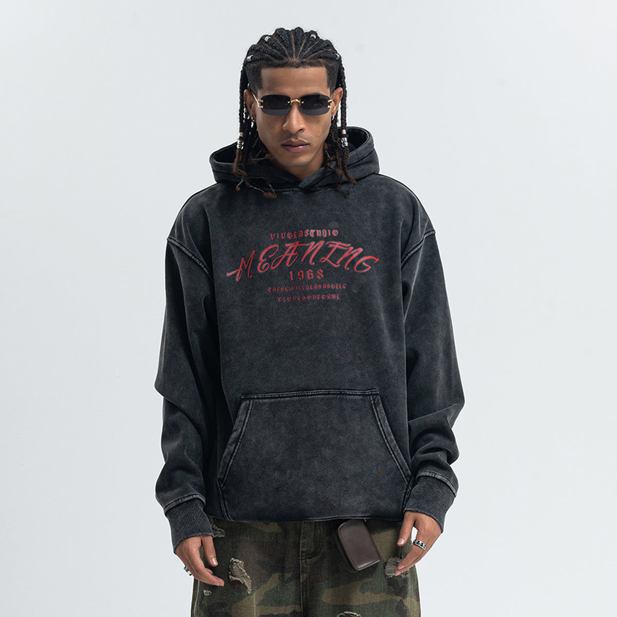 Palm print hoodie vintage hip-hop pullover retro gangster top tattoo print jumper in acid grey