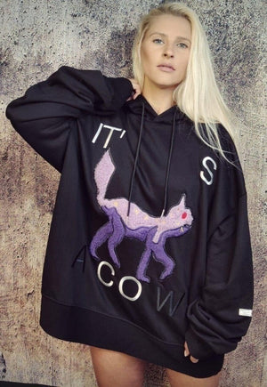 Cow fleece hoodie premium animal pullover punk top in black