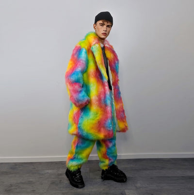 Rainbow fur long coat unicorn trench neon raver bomber fluffy tie-dye fleece psychedelic festival jacket burning man going out coat orange