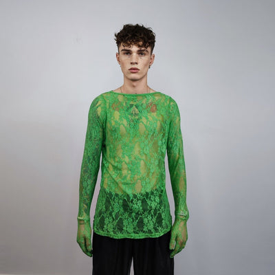 Long sleeve lace top crochet jumper sheer lace t-shirt see-through sweatshirt punk pullover transparent party t-shirt catwalk tee in green