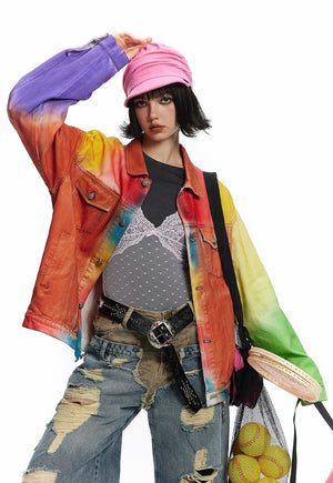 Rainbow denim jacket graffiti jean bomber unicorn coat