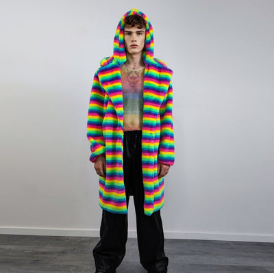 Rainbow coat hooded Gay pride trench striped rave bomber detachable fleece fluorescent festival bomber removable sleeves burning man jacket