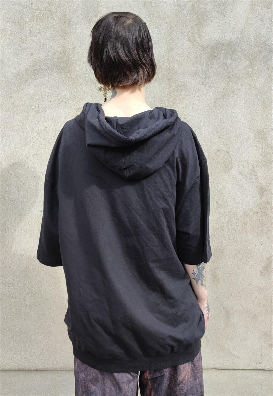 Half sleeve oversized hoodie double lace pullover in black