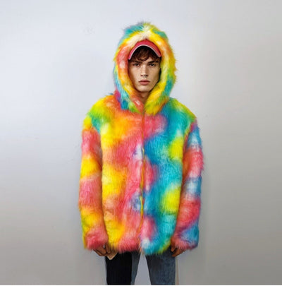 Hooded rainbow fur jacket unicorn bomber neon raver puffer fluffy tie-dye fleece psychedelic festival coat burning man party trench orange