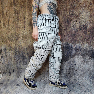 Faux fur joggers luxury detachable pants handmade stripe pattern shorts fluffy check premium overalls in beige black