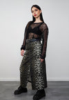 Leopard maxi denim skirt split back animal print bottoms