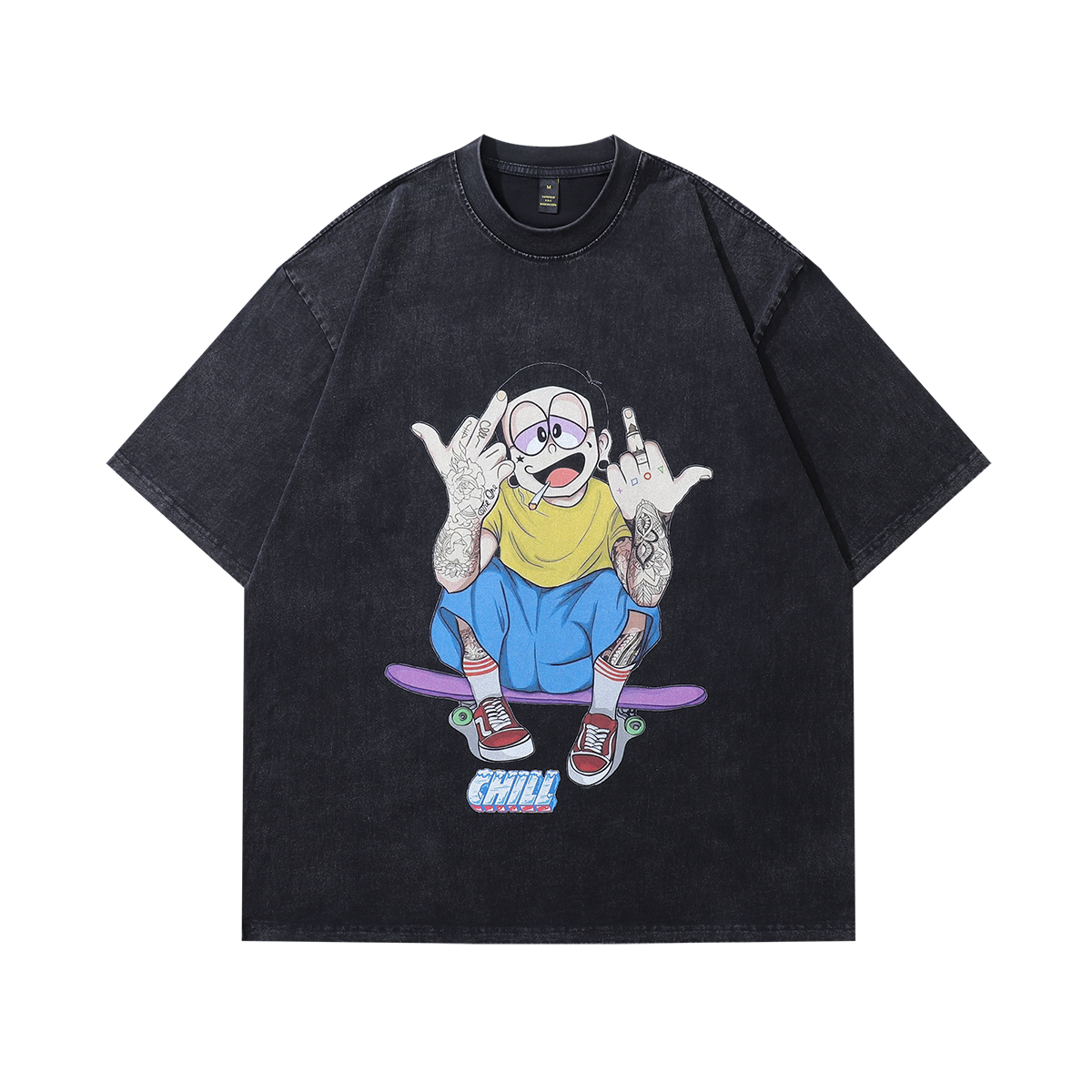 Middle finger t-shirt tattoo boy tee y2k Japanese cartoon top in vintage grey