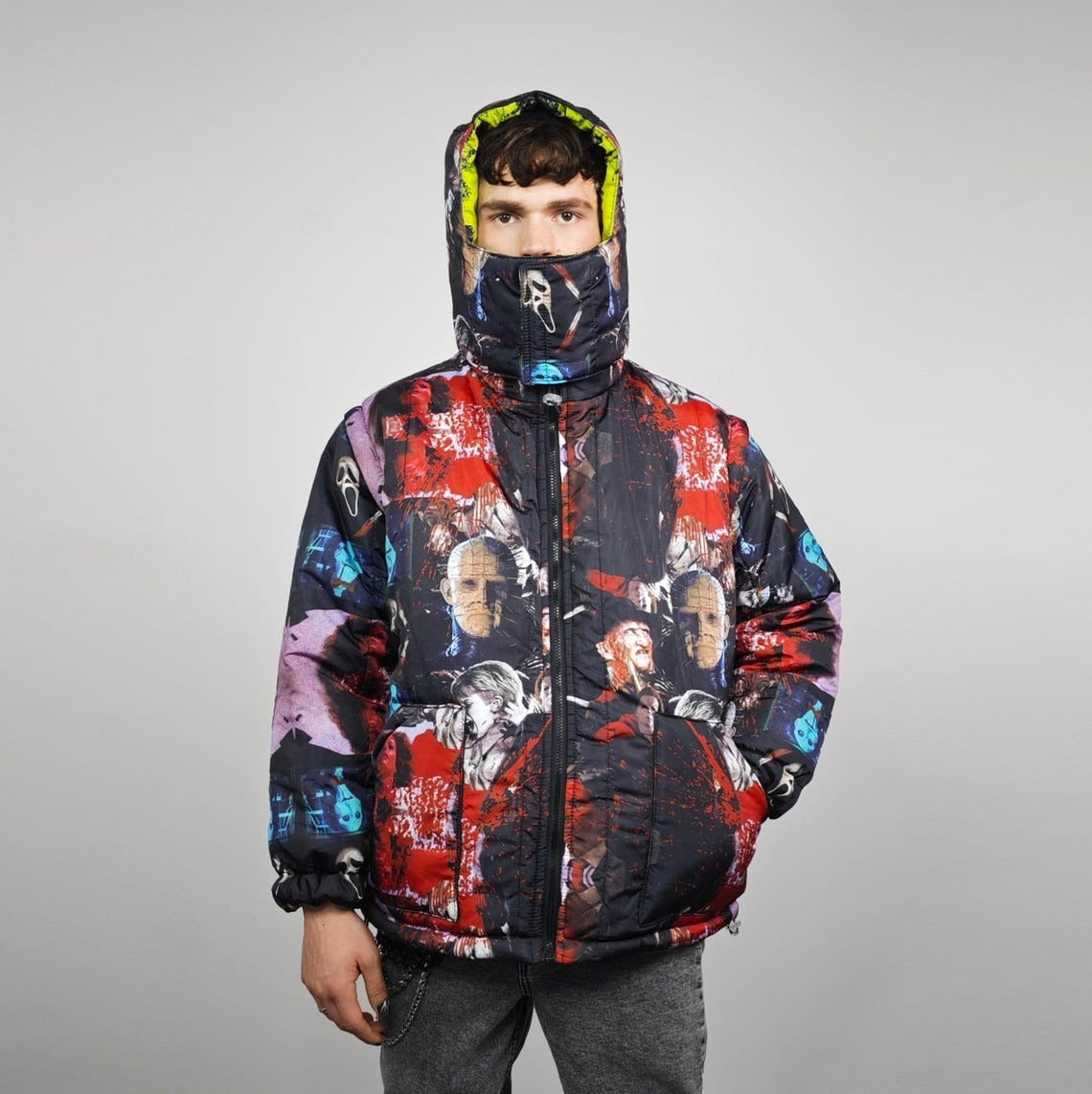 Horror fan jacket creepy print bomber green reversible punk college varsity detachable sleeves handmade gothic puffer hooded festival coat