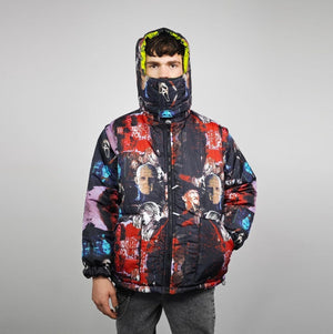 Horror fan jacket creepy print bomber green reversible punk college varsity detachable sleeves handmade gothic puffer hooded festival coat