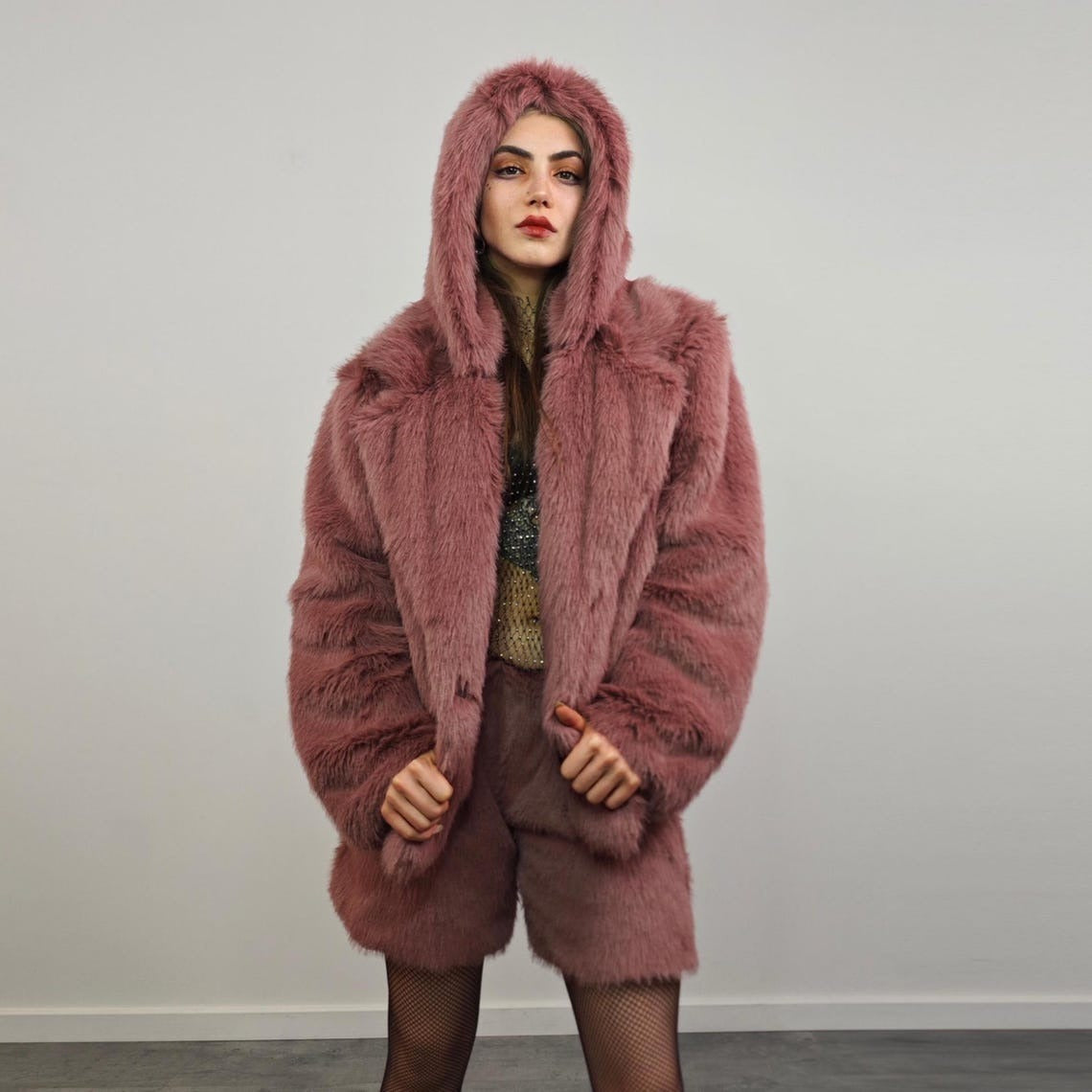 Brown faux fur coat shaggy cropped trench short going out jacket fuzzy grunge detachable sleeves handmade luxury festival overcoat fleece