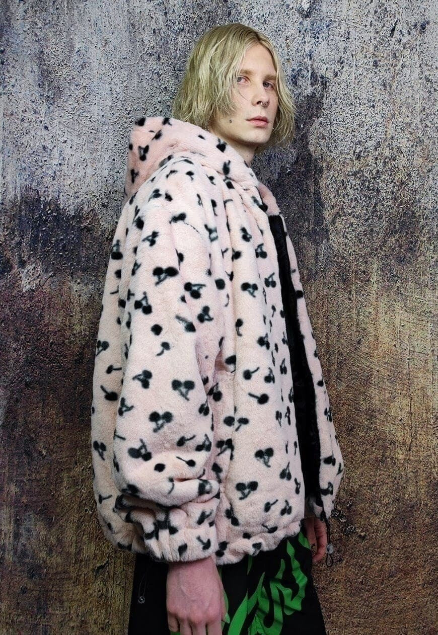 Floral fleece jacket handmade detachable fluffy puffer pink