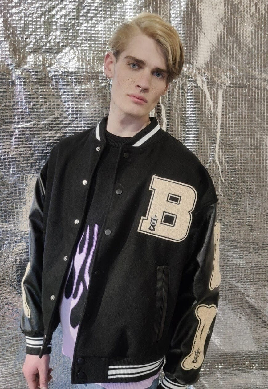 USA varsity jacket PU leather sleeve MA bones bomber black