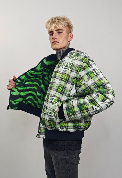 Spider print varsity jacket green checked reversible bomber