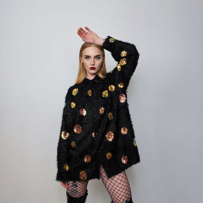 Baggy fluffy shirt long sleeve fleece blouse embellished oversize gothic floral patch sweatshirt boho sparkly jumper in black