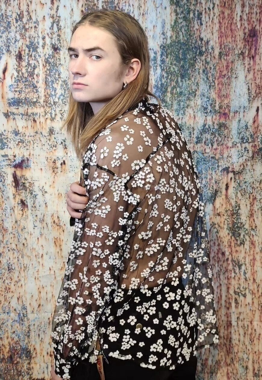 Transparent shirt daisy patterned seethrough blouse mesh top