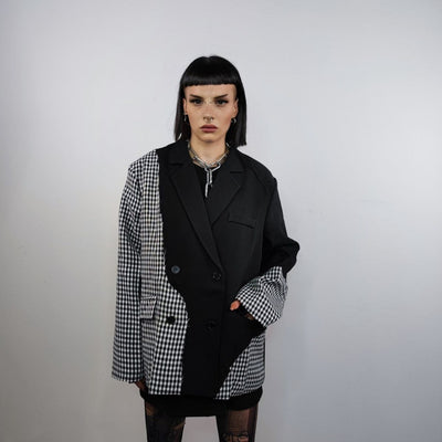 Check print blazer houndstooth jacket reworked catwalk coat high fashion plaid bomber contrast stitching gingham blazer in black and white