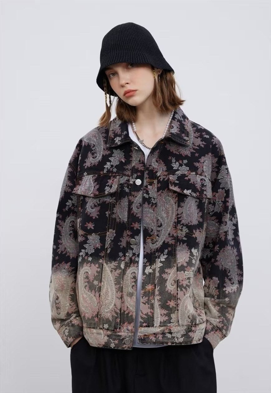 Paisley denim jacket tie-dye Floral jean blazer in brown