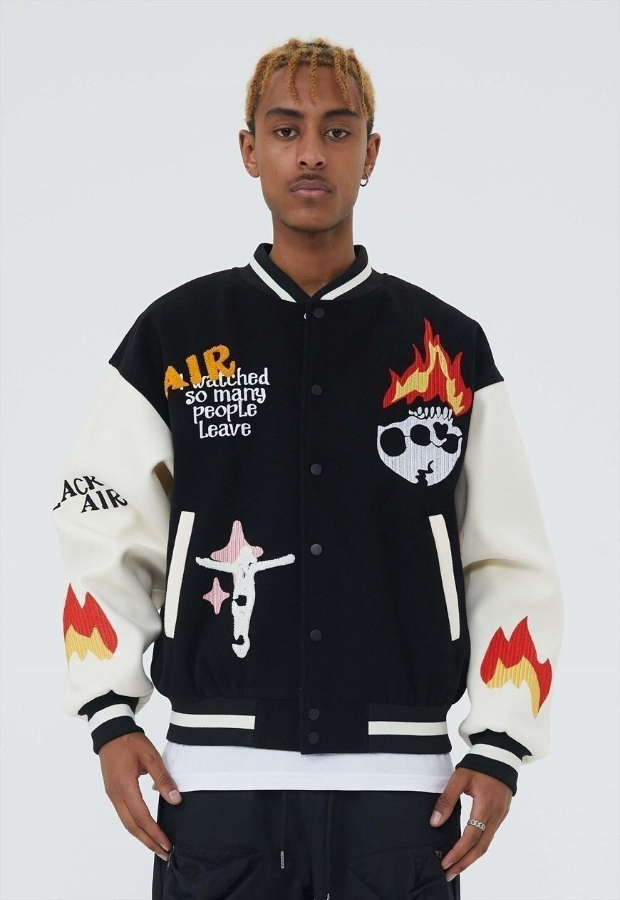 Flame varsity jacket faux leather skeleton bomber in black