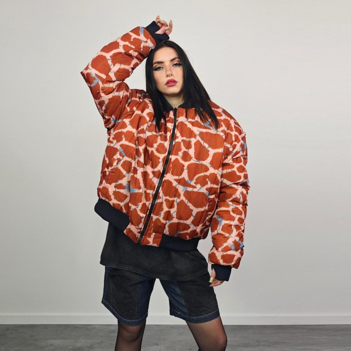 Animal print bomber yellow giraffe jacket reversible college varsity detachable sleeves handmade grunge raver coat festival puffer
