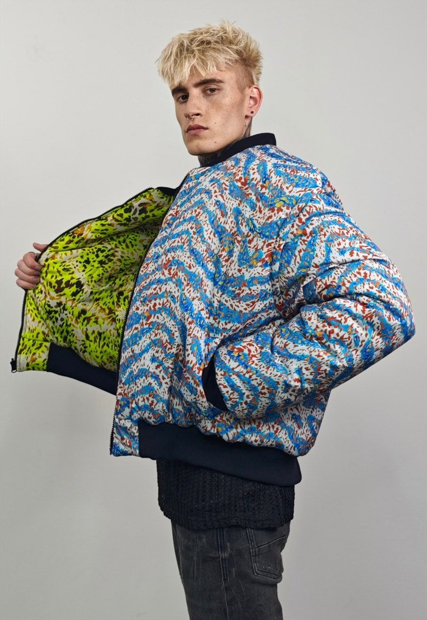 Zebra print varsity jacket blue striped reversible bomber