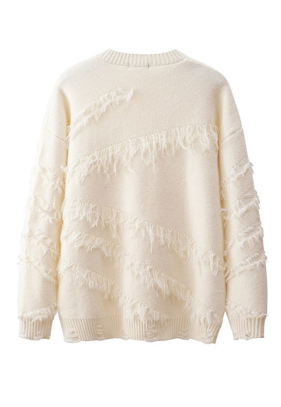 Fringed sweater distressed jumper knit ripped top in cream