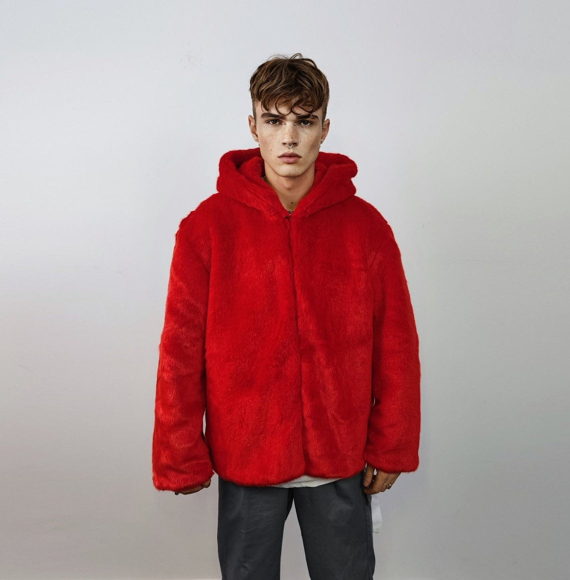 Hooded red faux fur jacket shaggy bomber bright raver puffer fluffy winter fleece festival coat burning man trench fancy dress overcoat