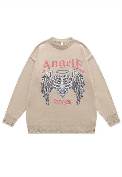 Angel wings sweater bones knit distressed scary jumper black