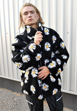 Daisy print fleece jacket handmade sunflower bomber in black