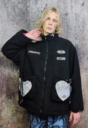 Fleece bomber heart patch puffer paisley jacket in black