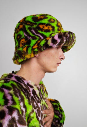 Leopard faux fur bucket green neon animal print festival cap