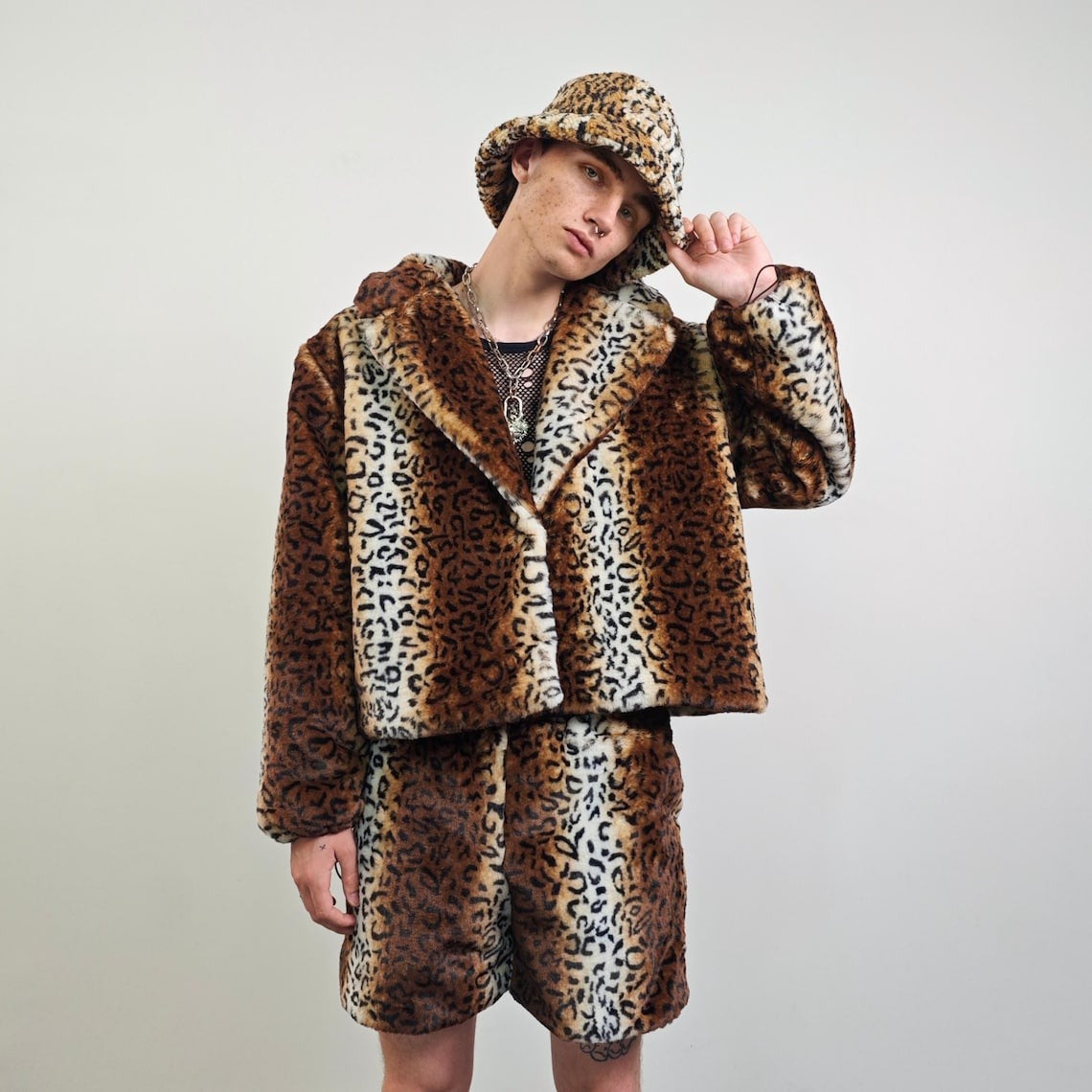 Animal print collarless coat brown short leopard jacket cheetah trench faux fur detachable sleeves spot pattern festival overcoat fleece