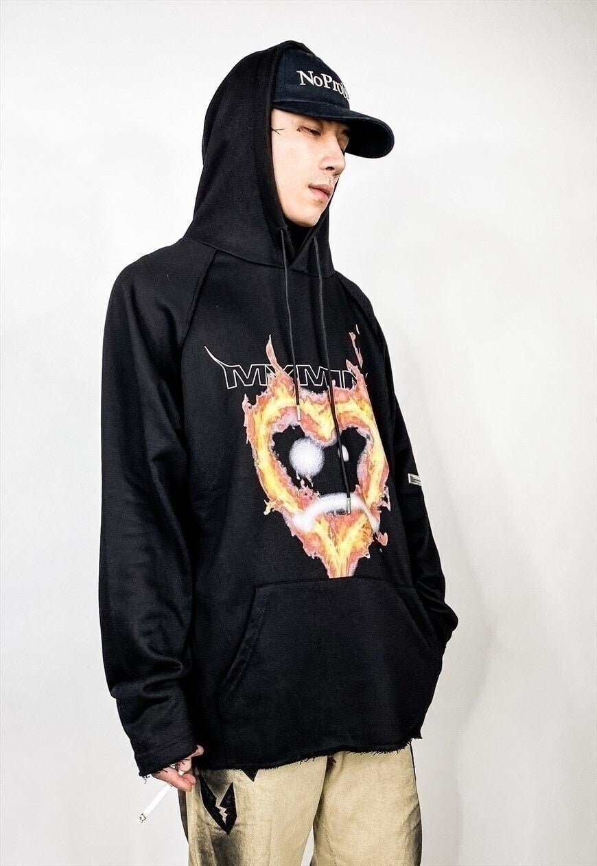 Flame heart print hooded top fire burn Korean hoodie black