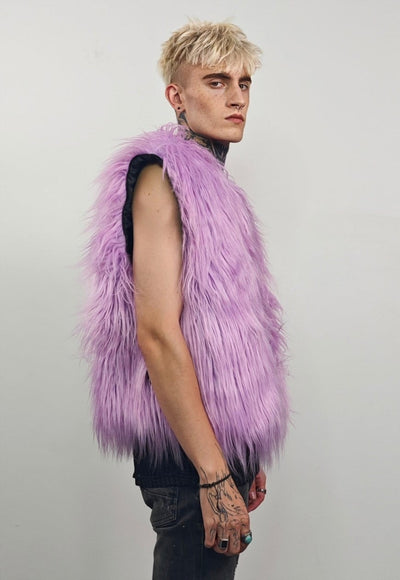 Shaggy fur coat purple collarless cropped festival trench