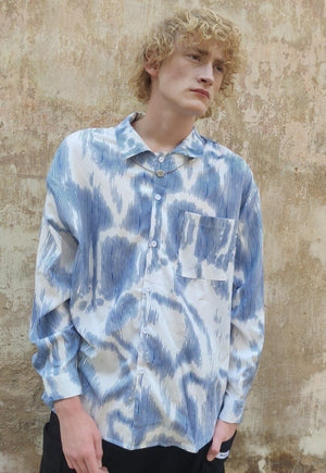 Stripe print shirt paint splatter silky top in blue white